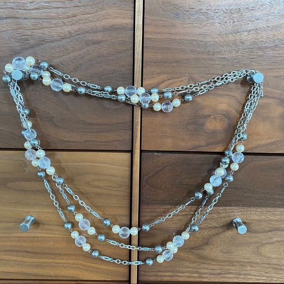 Vintage 3-Strand Chain Necklace w Pearls + Beads - Picture 1 of 5